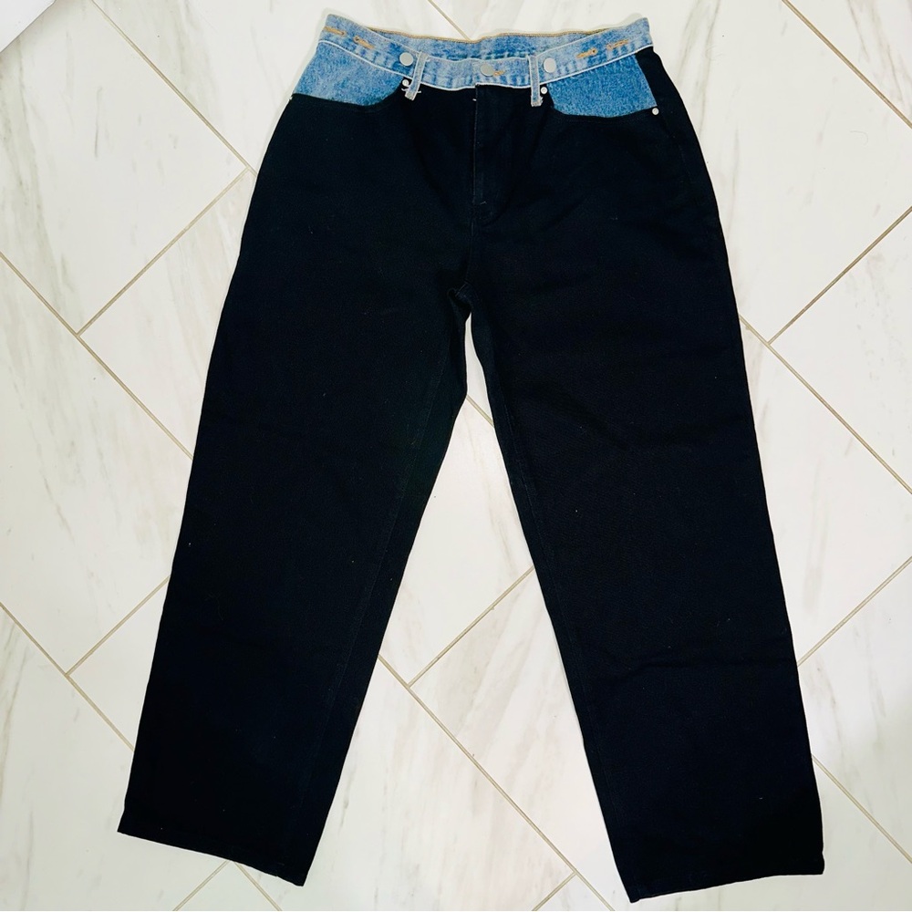 OLIVACEOUS Black Wide Leg Contrast Denim Jeans Y2K Style Size L High Rise